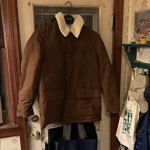 Men's Lands End Sherpa lined barn jacket large brown white primaloft